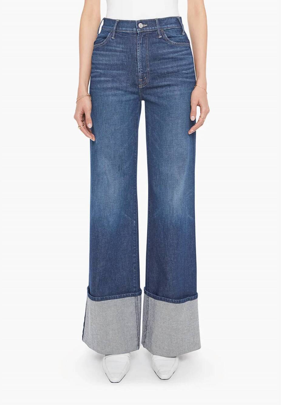 NEW MOTHER hustler roller sneak cuff wide leg jeans in kicks and riffs